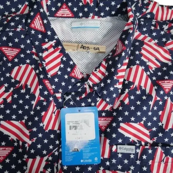 Columbia PFG Mens FATHER'S DAY Vented Fishing USA Flag Patriotic JULY 4th NWT