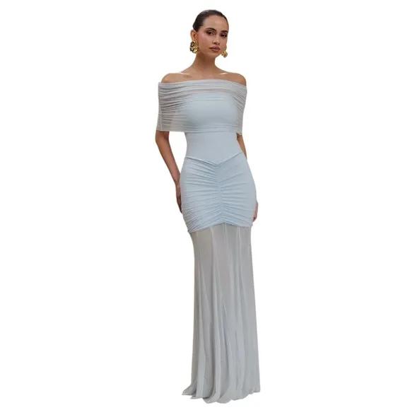 COMMENSE OFF THE SHOULDER RUCHED DRESS, pale blue XL • New With Tags
