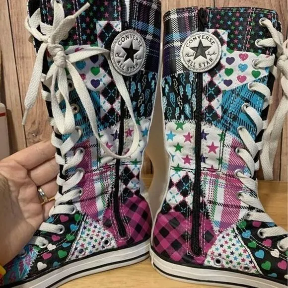 Converse High Top Boots Juniors Sz 2 lace up Mix/Match Pattern