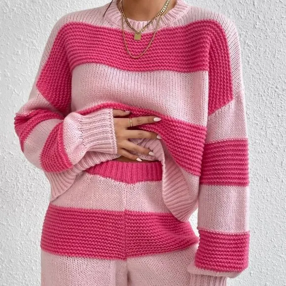 Coord set Two Tone Drop Shoulder Sweater &amp; Knit Shorts pink