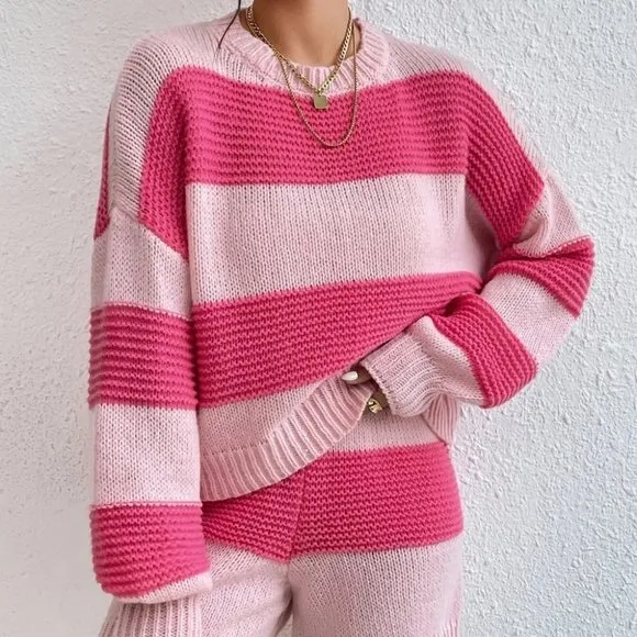 Coord set Two Tone Drop Shoulder Sweater &amp; Knit Shorts pink