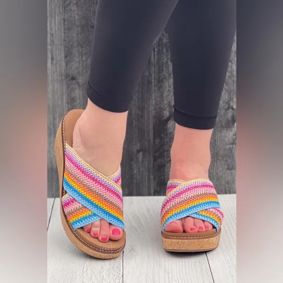 Corkys Footwear Peace Out Multi Color Rainbow criss cross strap wedge sandals
