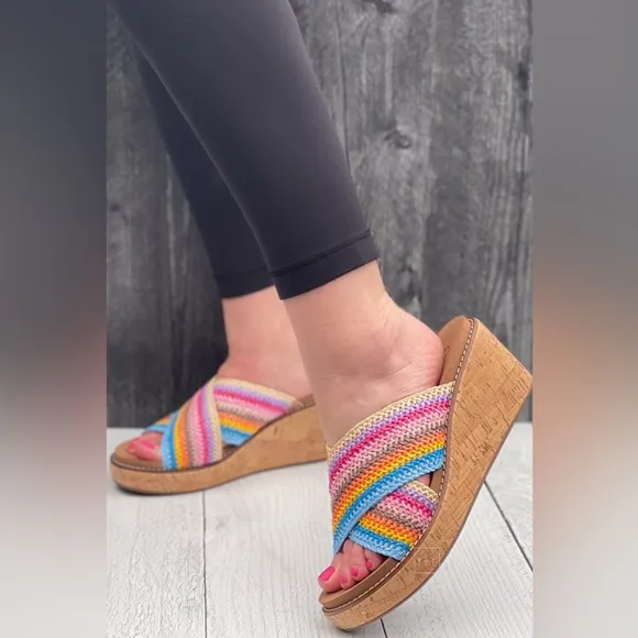 Corkys Footwear Peace Out Multi Color Rainbow criss cross strap wedge sandals