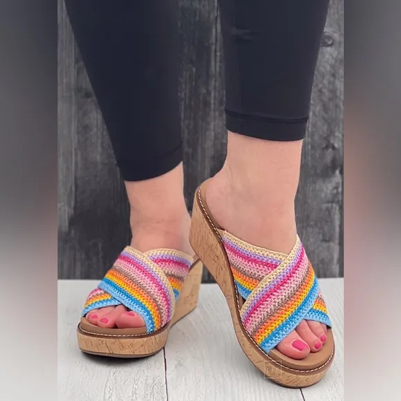 Corkys Footwear Peace Out Multi Color Rainbow criss cross strap wedge sandals