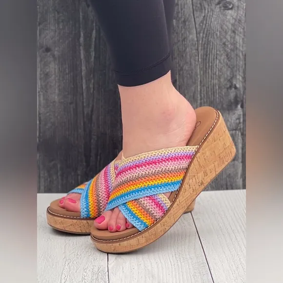 Corkys Footwear Peace Out Multi Color Rainbow criss cross strap wedge sandals
