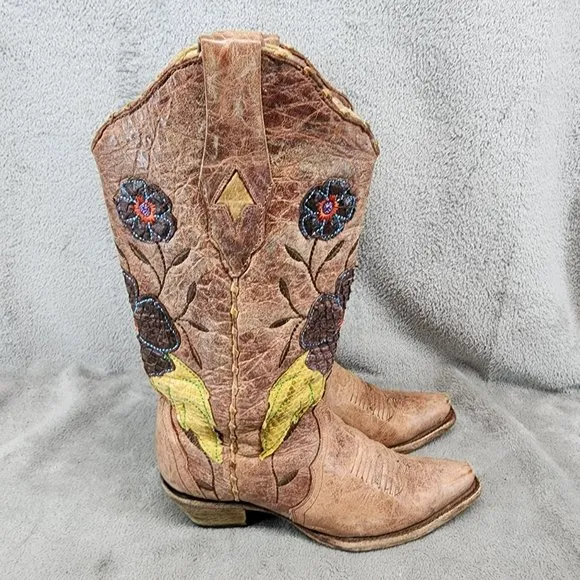 Corral Shoes Womens Size 6.5 Brown Daisy Overlay Leather Snip Toe Boots