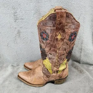 Corral Shoes Womens Size 6.5 Brown Daisy Overlay Leather Snip Toe Boots