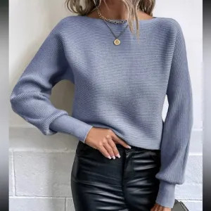 Cozy dusty blue dolman sleeve boat neck sweater top