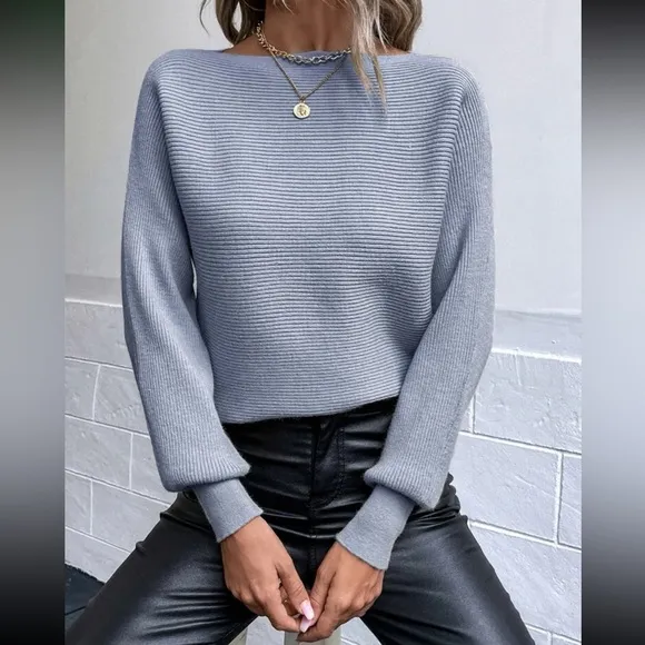 Cozy dusty blue dolman sleeve boat neck sweater top
