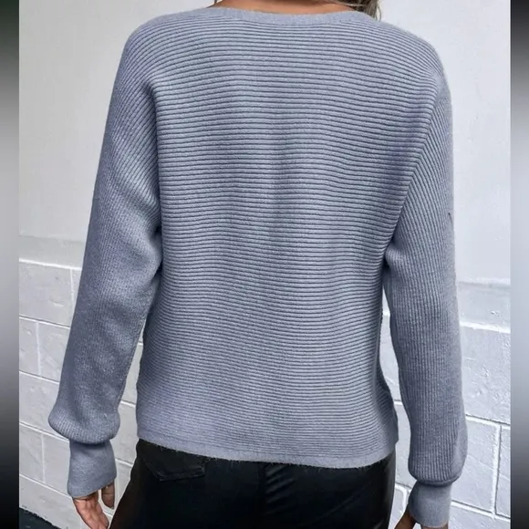 Cozy dusty blue dolman sleeve boat neck sweater top