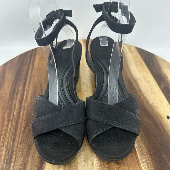 Crocs Leigh II Sandals Women's 9 Black Open Toe Ankle Strap Comfort Wedges
