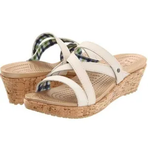 Crocs Women's 'A-Leigh' Mini Wedge Sandal in White Leather/Cork Size 10