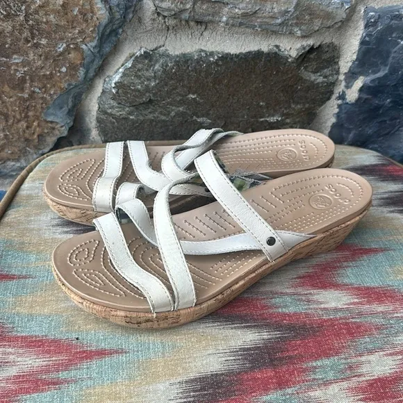 Crocs Women's 'A-Leigh' Mini Wedge Sandal in White Leather/Cork Size 10