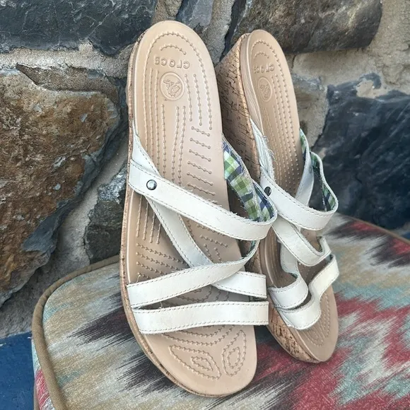 Crocs Women's 'A-Leigh' Mini Wedge Sandal in White Leather/Cork Size 10