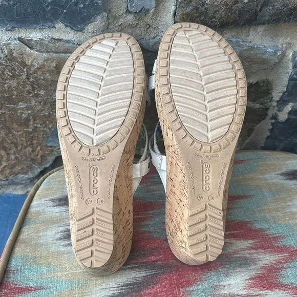Crocs Women's 'A-Leigh' Mini Wedge Sandal in White Leather/Cork Size 10