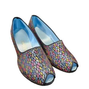 Daniel Green Vintage 60's Jacquard Metalic Fabric Peep Toe Wedges Size 7