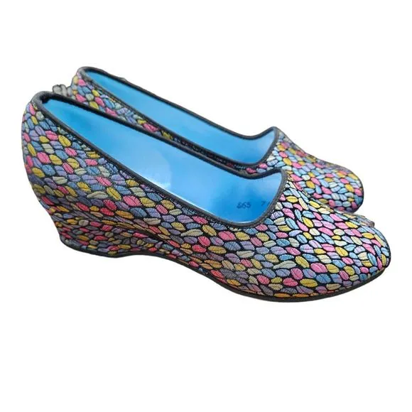 Daniel Green Vintage 60's Jacquard Metalic Fabric Peep Toe Wedges Size 7