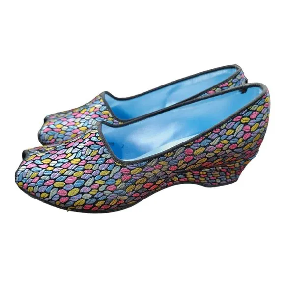 Daniel Green Vintage 60's Jacquard Metalic Fabric Peep Toe Wedges Size 7