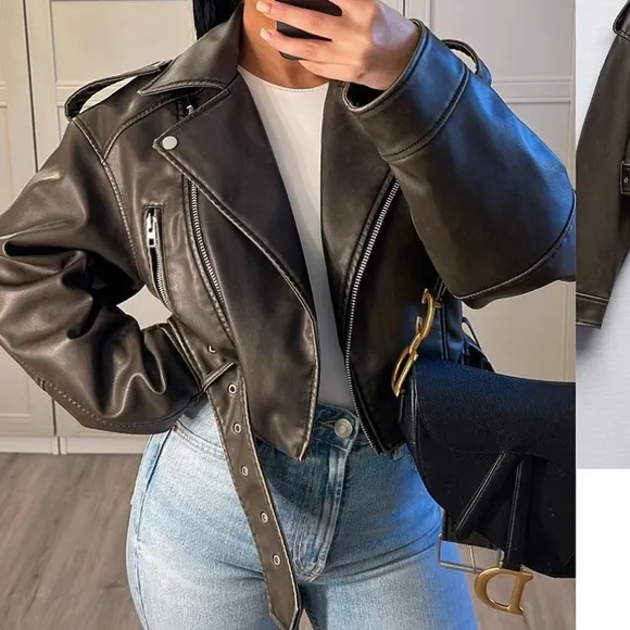 Dark gray faded effect buckle Moto faux leather jacket