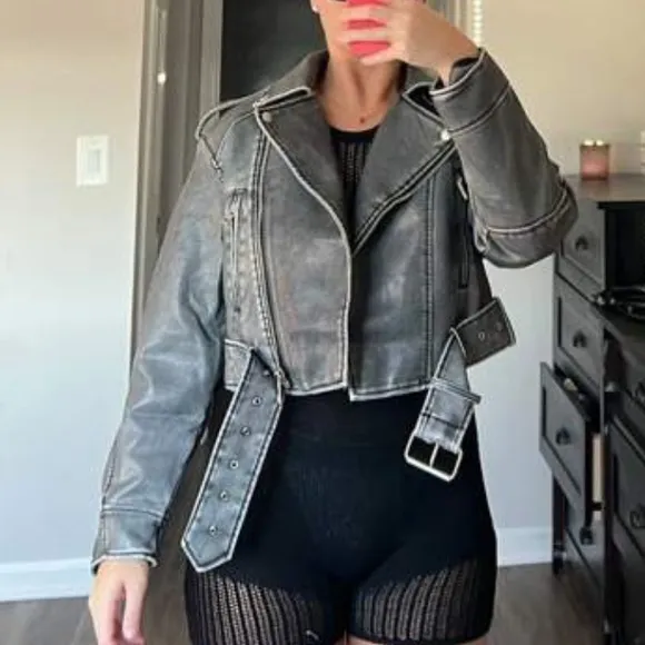 Dark gray faded effect buckle Moto faux leather jacket