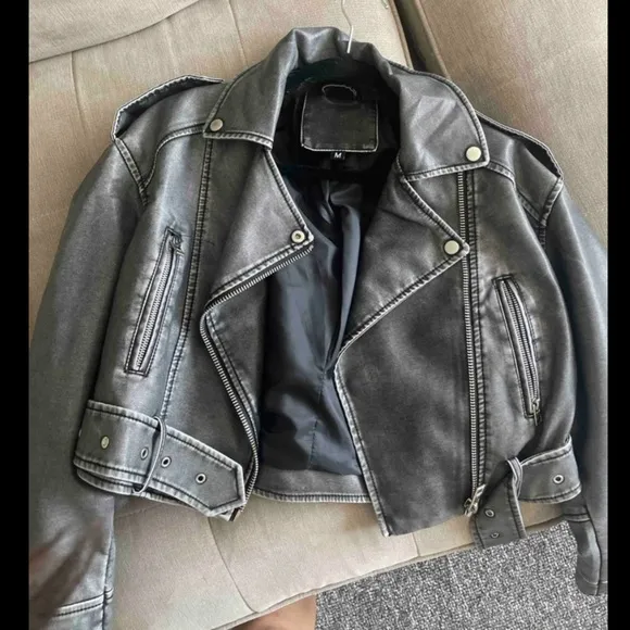 Dark gray faded effect buckle Moto faux leather jacket