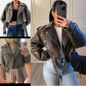 Dark gray faded effect buckle Moto faux leather jacket