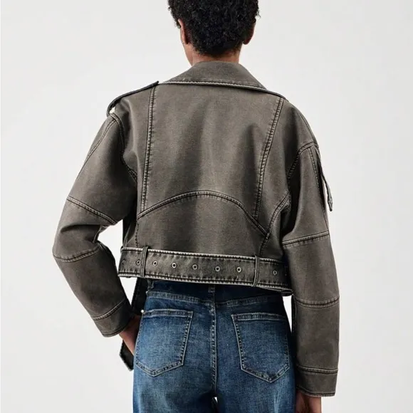 Dark gray faded effect buckle Moto faux leather jacket