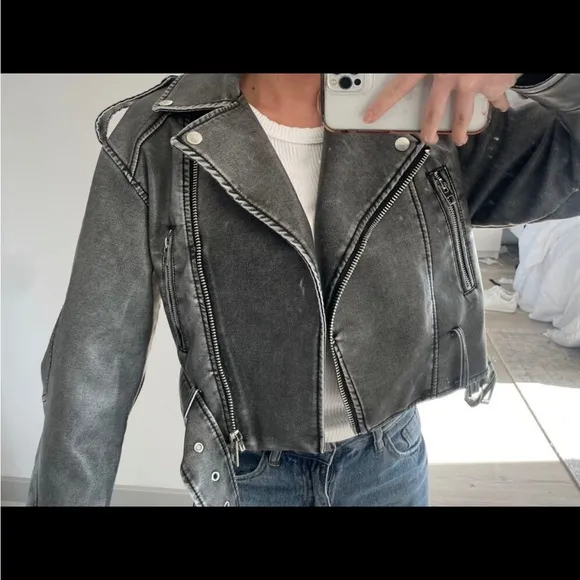Dark gray faded effect buckle Moto faux leather jacket