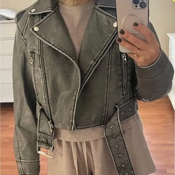 Dark gray faded effect buckle Moto faux leather jacket