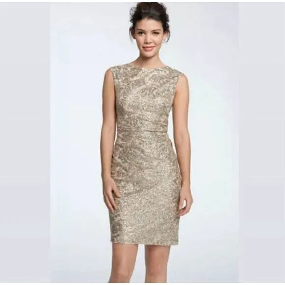 David Meister Gold Cocktail Party Mini Dress Cut Out Back Sleeveless Boat Neck 8
