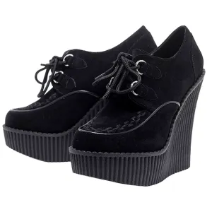 Demonia Deadstock Black Creeper Faux Suede, D-Ring Lace Up Platform Wedges