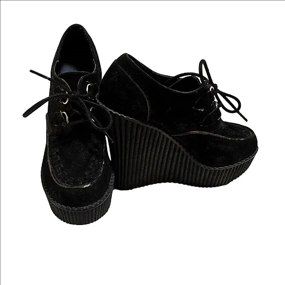 Demonia Deadstock Black Creeper Faux Suede, D-Ring Lace Up Platform Wedges
