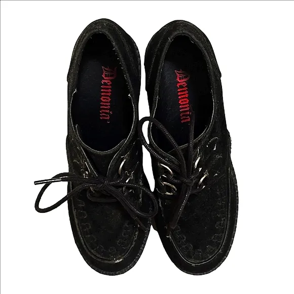 Demonia Deadstock Black Creeper Faux Suede, D-Ring Lace Up Platform Wedges