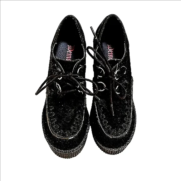 Demonia Deadstock Black Creeper Faux Suede, D-Ring Lace Up Platform Wedges