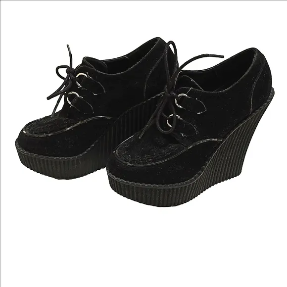 Demonia Deadstock Black Creeper Faux Suede, D-Ring Lace Up Platform Wedges
