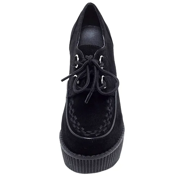 Demonia Deadstock Black Creeper Faux Suede, D-Ring Lace Up Platform Wedges