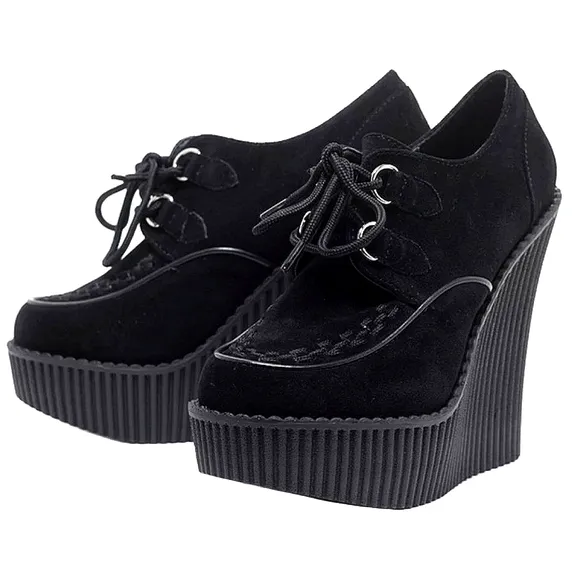 Demonia Deadstock Black Creeper Faux Suede, D-Ring Lace Up Platform Wedges