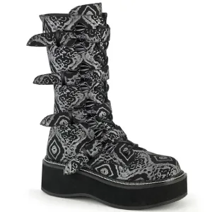 🦇Demonia Emily-322 Black Silver Lace Up Boots Bats Platform Grunge Goth Size 12