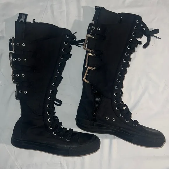 DEMONIA Knee High Lace Up Sneaker Buckle Boots, Alternative Goth Punk, size 7