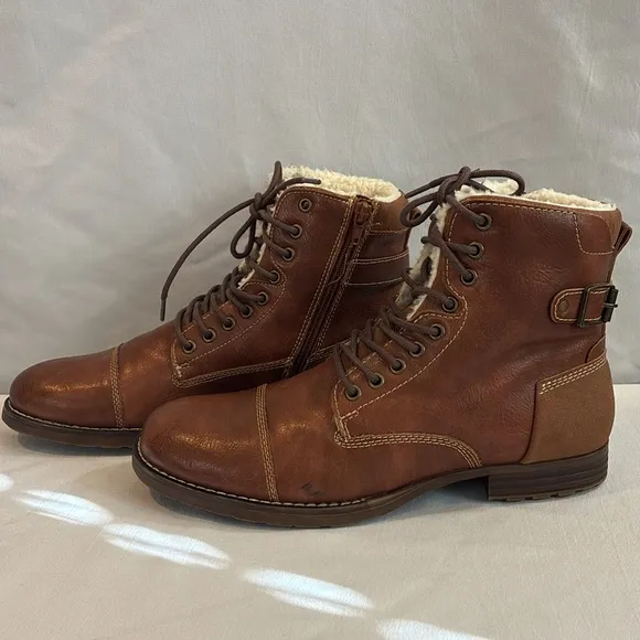 Dexter faux brown leather faux Sherpa lined ankle boots lace up &amp; zip up Size 9