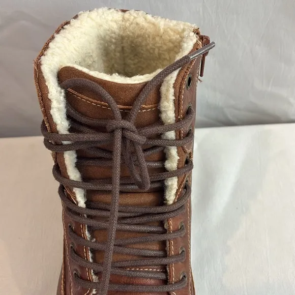 Dexter faux brown leather faux Sherpa lined ankle boots lace up &amp; zip up Size 9