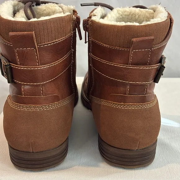 Dexter faux brown leather faux Sherpa lined ankle boots lace up &amp; zip up Size 9