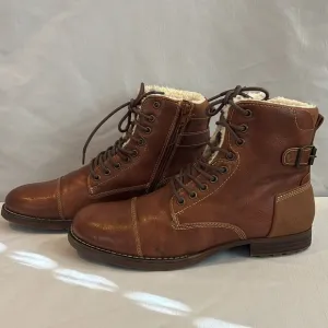 Dexter faux brown leather faux Sherpa lined ankle boots lace up &amp; zip up Size 9