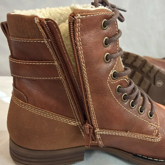 Dexter faux brown leather faux Sherpa lined ankle boots lace up &amp; zip up Size 9