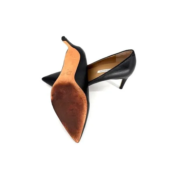 Diane von Furstenberg Olee Leather Pointed Toe Pumps in Black with 3” Heel – 7.5