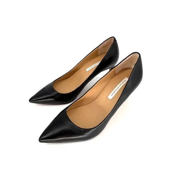 Diane von Furstenberg Olee Leather Pointed Toe Pumps in Black with 3” Heel – 7.5