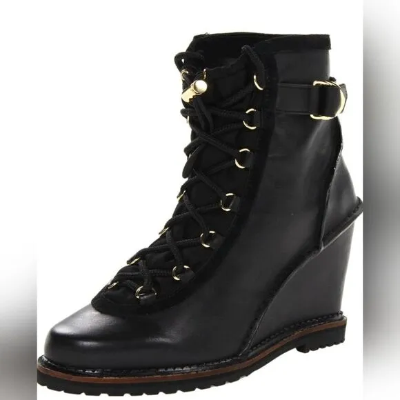 Diane von Furstenberg Senna Black Vacchetta Hidden Wedge Lace Up Booties | 10