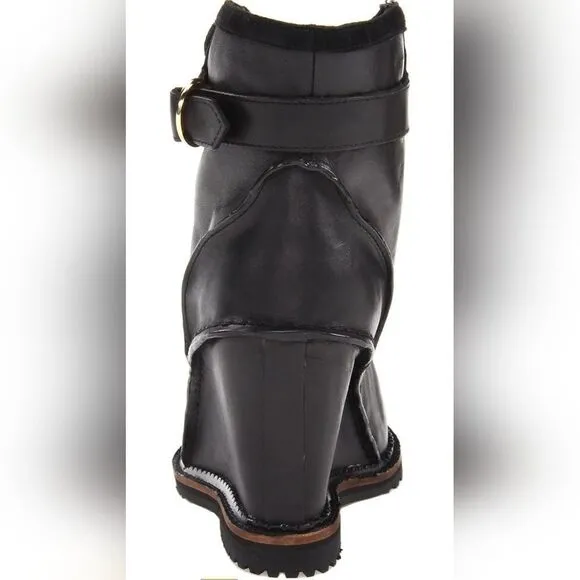 Diane von Furstenberg Senna Black Vacchetta Hidden Wedge Lace Up Booties | 10