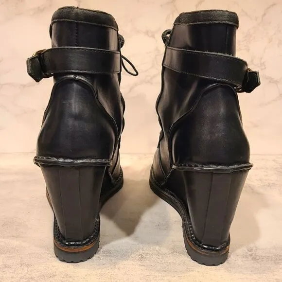 Diane von Furstenberg Senna Black Vacchetta Hidden Wedge Lace Up Booties | 10
