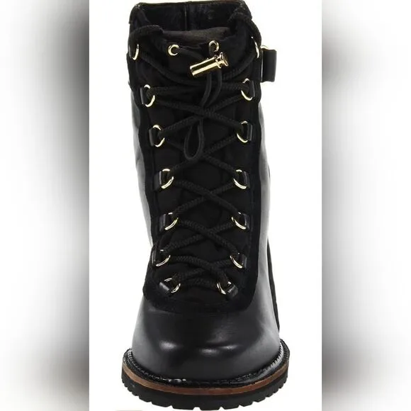 Diane von Furstenberg Senna Black Vacchetta Hidden Wedge Lace Up Booties | 10